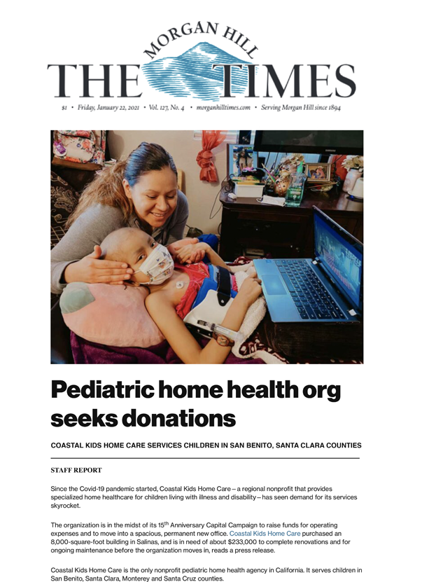 1_22_21-CKHC-Pediatric Home Health org Seeks Donations-Morgan Hill Times